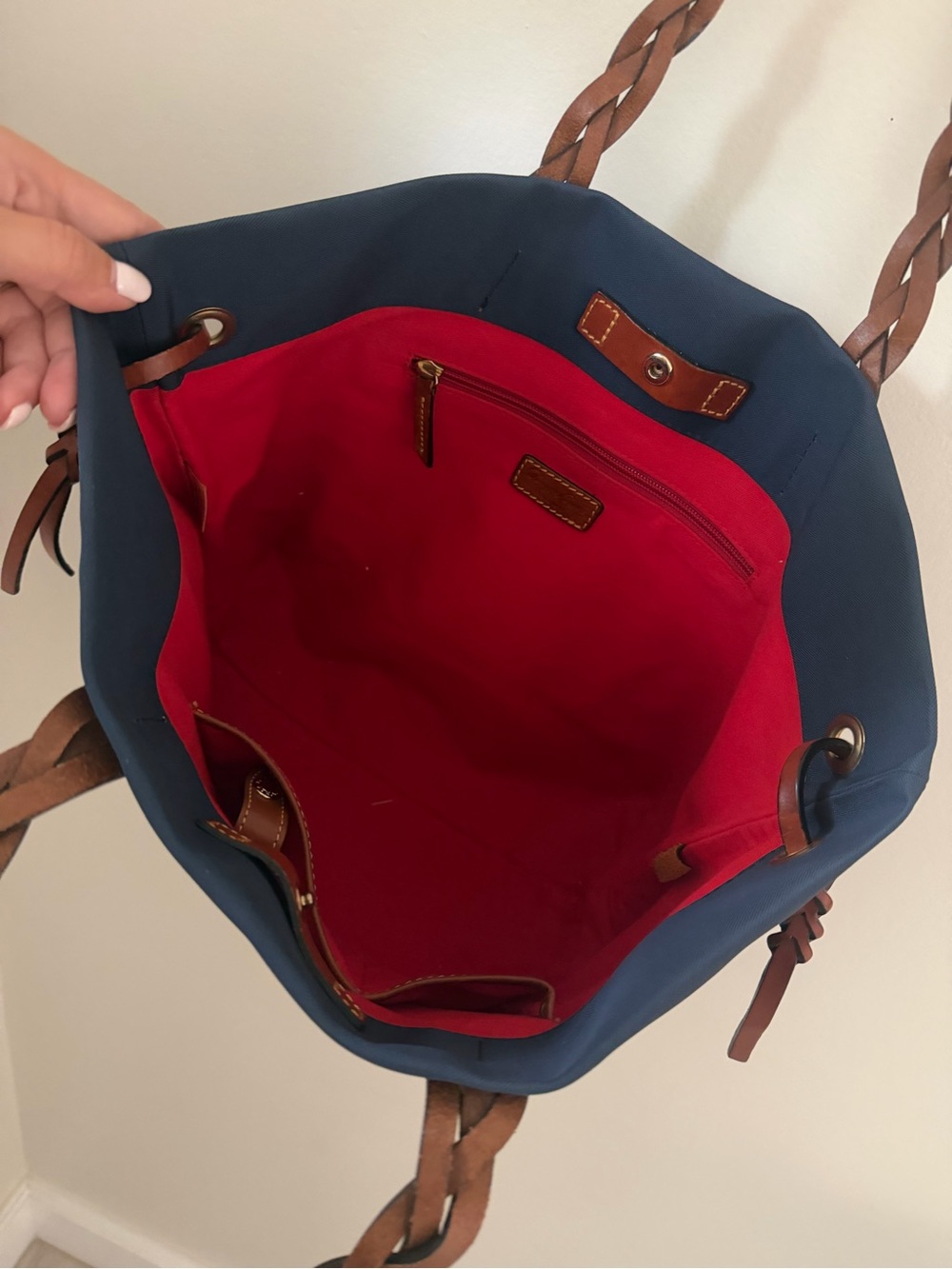 Dooney & Bourke Nylon Shopper Tote Navy Vacchetta Leather Braided Shoulder Bag - Picture 6 of 11